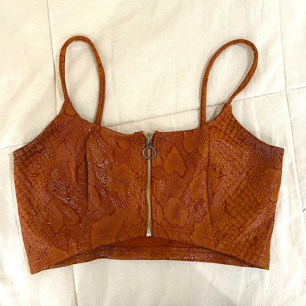 Windsor Orange Brown Snakeskin Animal Print Crop Top with Zipper